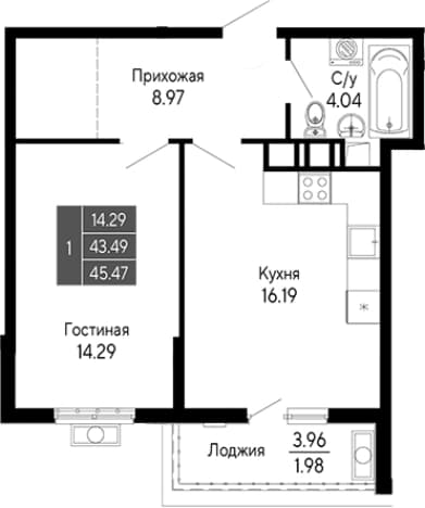 . Вариант № 2112022, 0, площадь - 43.49 квм, цена 10003400 рублей