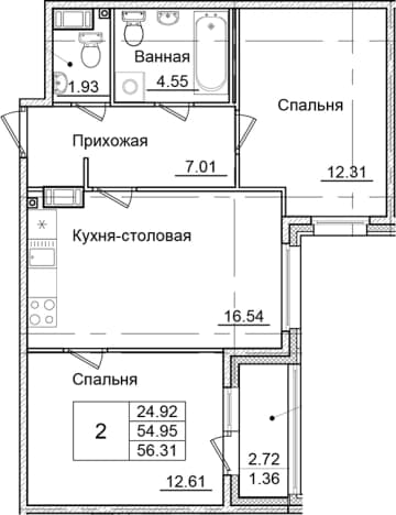 . Вариант № 1826970, 0, площадь - 54.95 квм, цена 10494104 рублей