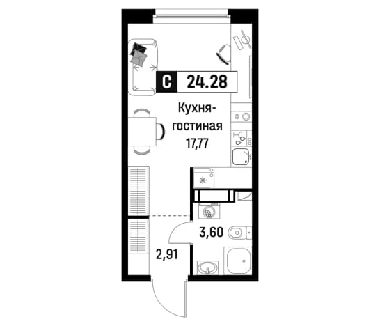 . Вариант № 1835042, 0, площадь - 24.28 квм, цена 4687035 рублей