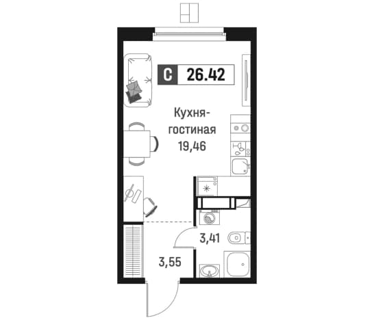 . Вариант № 1835064, 0, площадь - 26.42 квм, цена 6148131 рублей