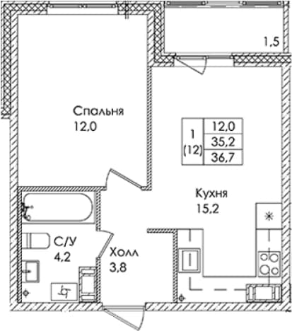 . Вариант № 1822026, 0, площадь - 35.2 квм, цена 5183000 рублей