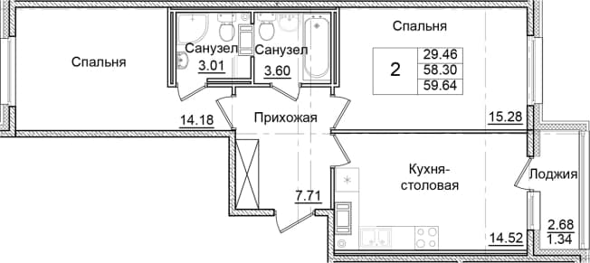 . Вариант № 2007978, 0, площадь - 58.3 квм, цена 10797357 рублей