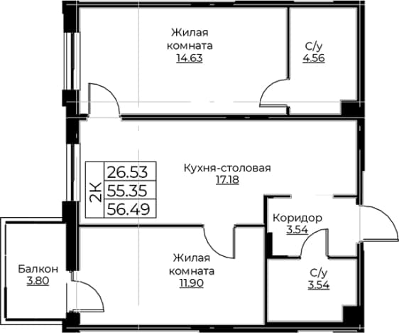 . Вариант № 1871350, 0, площадь - 55.35 квм, цена 10960242 рублей