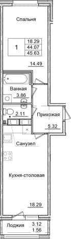 . Вариант № 1826834, 0, площадь - 44.07 квм, цена 8552375 рублей
