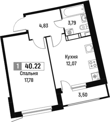 . Вариант № 1812919, 0, площадь - 38.47 квм, цена 8537298 рублей