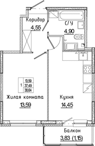 . Вариант № 2340793, 0, площадь - 37.49 квм, цена 8808742 рублей