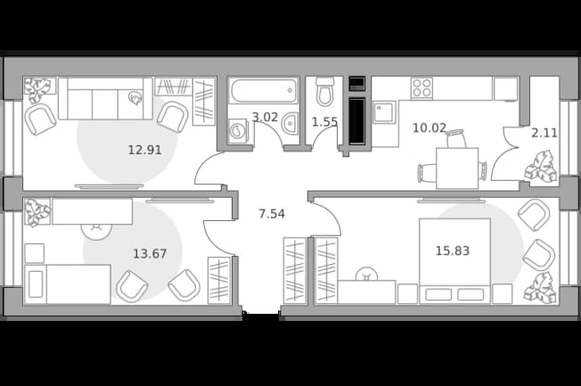 . Вариант № 2390393, 1, площадь - 66.65 квм, цена 15658735 рублей