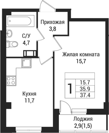 . Вариант № 1864452, 0, площадь - 35.9 квм, цена 5028600 рублей