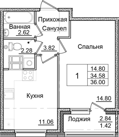 . Вариант № 1910191, 0, площадь - 34.58 квм, цена 6453621 рублей