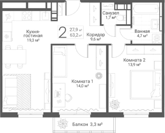 . Вариант № 2022754, 0, площадь - 63.2 квм, цена 19050000 рублей