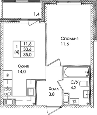 . Вариант № 1821975, 0, площадь - 33.6 квм, цена 5820000 рублей