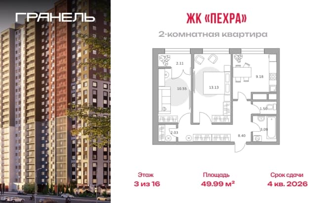. Вариант № 2232536, 0, площадь - 49.99 квм, цена 9559803 рублей