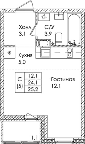 . Вариант № 1822039, 0, площадь - 24.1 квм, цена 3875400 рублей