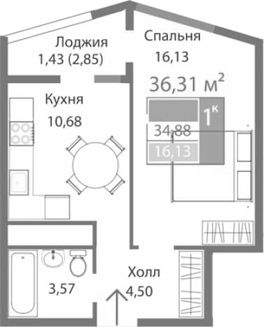 . Вариант № 2125384, 0, площадь - 34.88 квм, цена 6799305 рублей