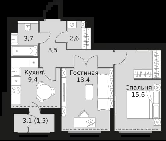 . Вариант № 2172415, 0, площадь - 54.7 квм, цена 28531520 рублей
