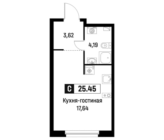 . Вариант № 1835649, 0, площадь - 25.45 квм, цена 4785485 рублей