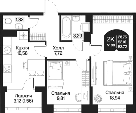 . Вариант № 1848496, 0, площадь - 52.16 квм, цена 13208374 рублей
