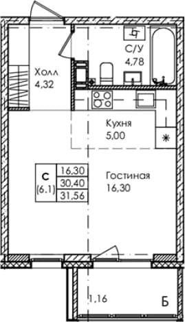 . Вариант № 1834356, 0, площадь - 30.4 квм, цена 11906000 рублей