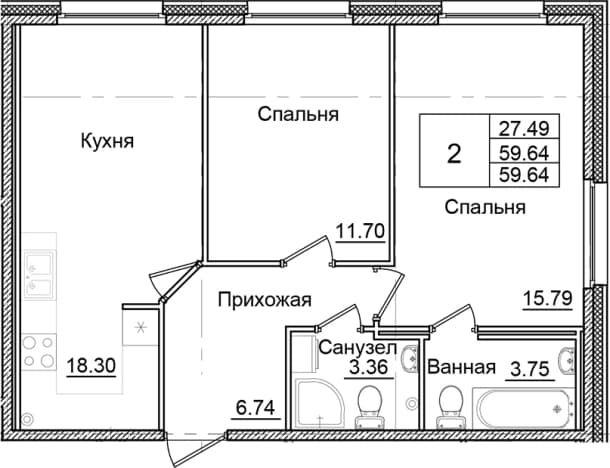 . Вариант № 1910155, 0, площадь - 59.64 квм, цена 10377045 рублей