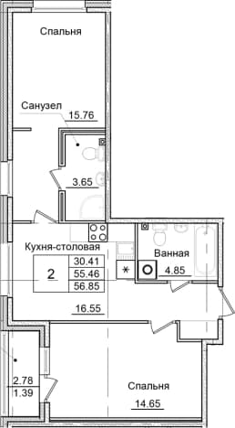 . Вариант № 1826698, 0, площадь - 55.46 квм, цена 9380250 рублей