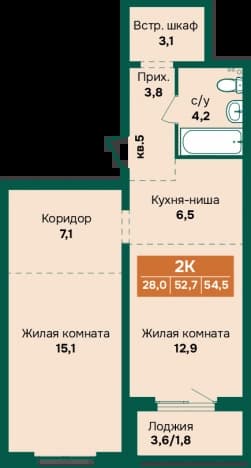 . Вариант № 2234622, 0, площадь - 54.5 квм, цена 6937600 рублей