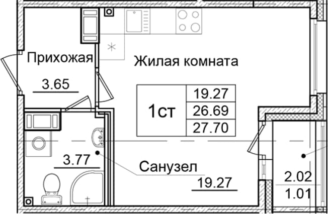 . Вариант № 1826980, 0, площадь - 26.69 квм, цена 5460067 рублей