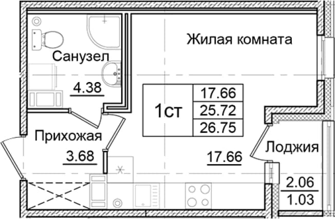. Вариант № 2261364, 0, площадь - 25.72 квм, цена 5082501 рублей