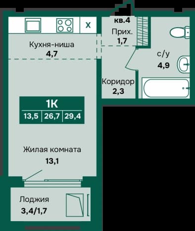 . Вариант № 2234588, 0, площадь - 28.4 квм, цена 5191000 рублей