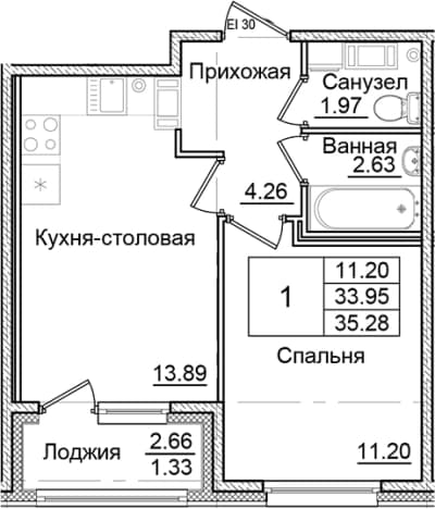 . Вариант № 2007956, 0, площадь - 33.95 квм, цена 6324549 рублей