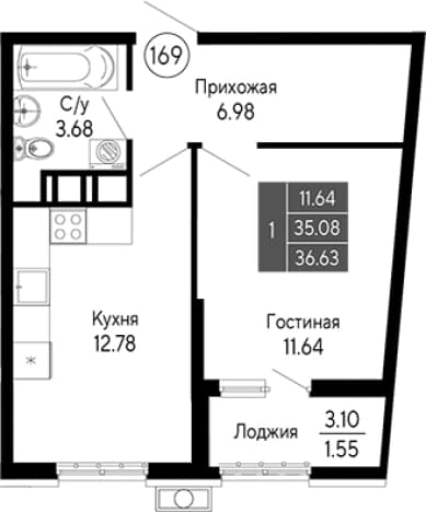 . Вариант № 2111240, 0, площадь - 35.08 квм, цена 9523800 рублей
