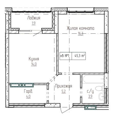. Вариант № 2386808, 0, площадь - 45.3 квм, цена 5662500 рублей