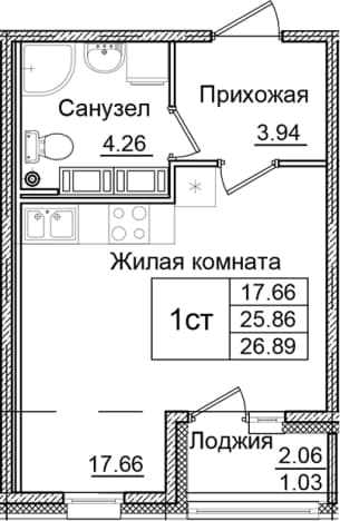 . Вариант № 1826584, 0, площадь - 25.86 квм, цена 4840200 рублей