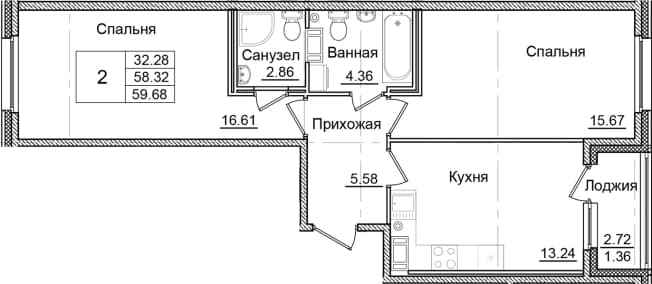 . Вариант № 2242724, 0, площадь - 58.32 квм, цена 10898158 рублей