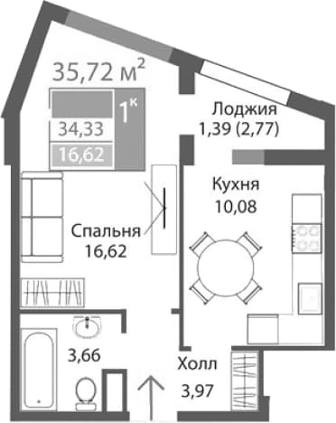 . Вариант № 2261691, 0, площадь - 34.33 квм, цена 6514042 рублей