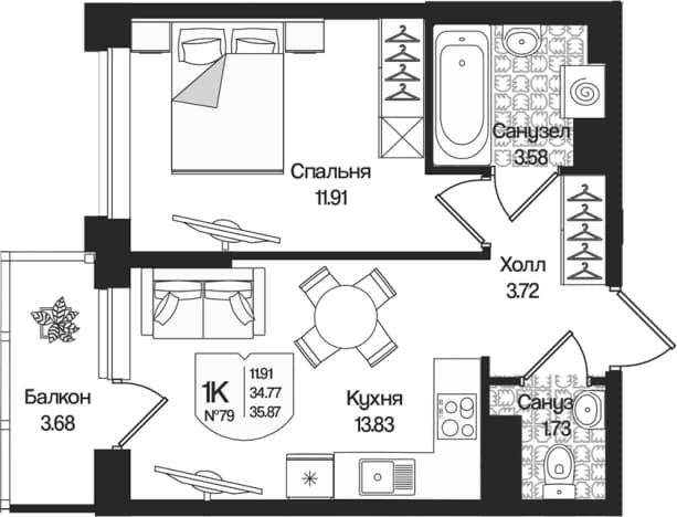 . Вариант № 1848708, 0, площадь - 34.77 квм, цена 8691504 рублей