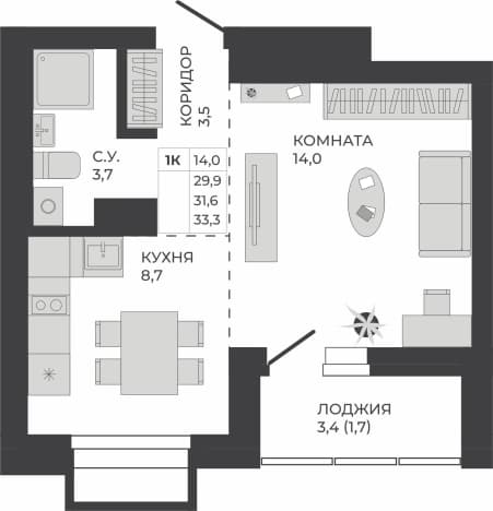 . Вариант № 2225917, 0, площадь - 31.6 квм, цена 6541200 рублей