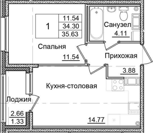 . Вариант № 2129901, 0, площадь - 34.3 квм, цена 6665375 рублей