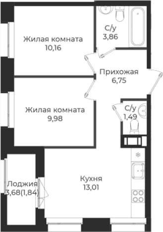 . Вариант № 1839288, 0, площадь - 45.25 квм, цена 7861676 рублей