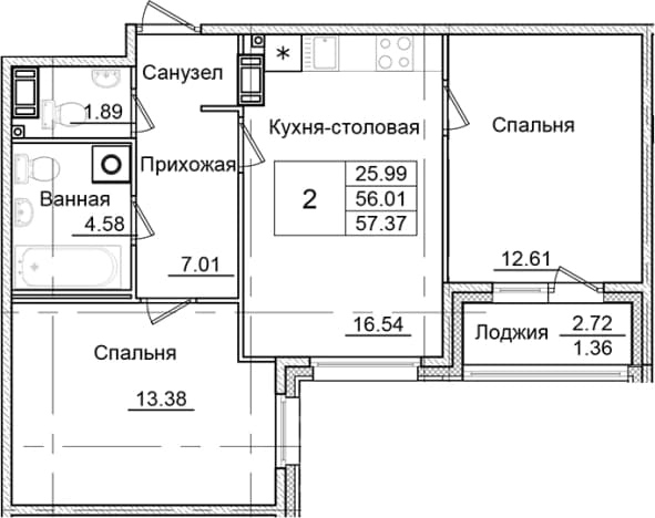 . Вариант № 1826705, 0, площадь - 56.01 квм, цена 9752900 рублей