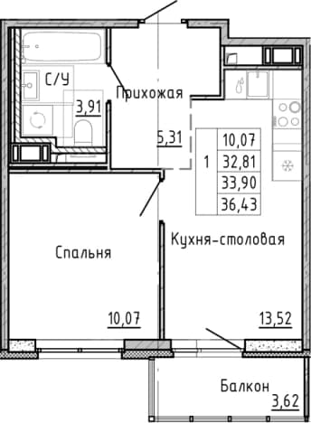 . Вариант № 1878370, 0, площадь - 30.28 квм, цена 9627600 рублей