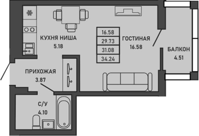 . Вариант № 2186742, 0, площадь - 29.73 квм, цена 12256030 рублей