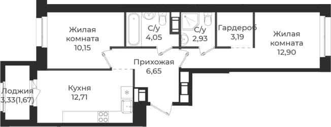 . Вариант № 1839069, 0, площадь - 52.58 квм, цена 8788500 рублей