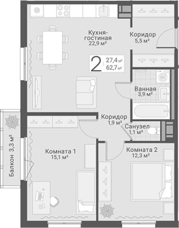 . Вариант № 1855381, 0, площадь - 62.7 квм, цена 18850000 рублей