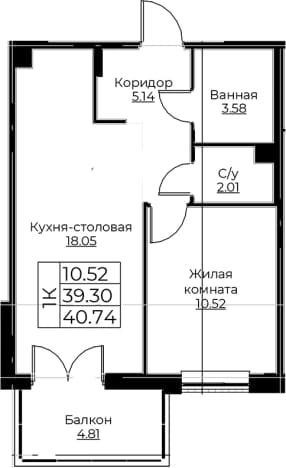 . Вариант № 1871463, 0, площадь - 39.3 квм, цена 7487156 рублей