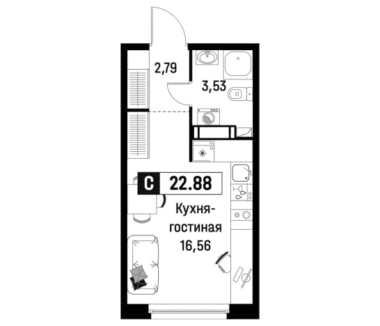 . Вариант № 1835164, 0, площадь - 22.88 квм, цена 5287305 рублей