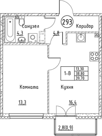 . Вариант № 1830928, 0, площадь - 38.8 квм, цена 8420089 рублей