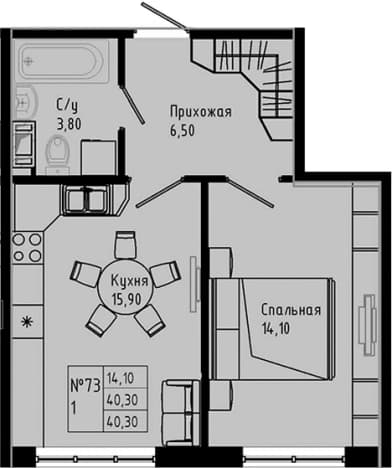 . Вариант № 1890982, 0, площадь - 40.3 квм, цена 5208475 рублей