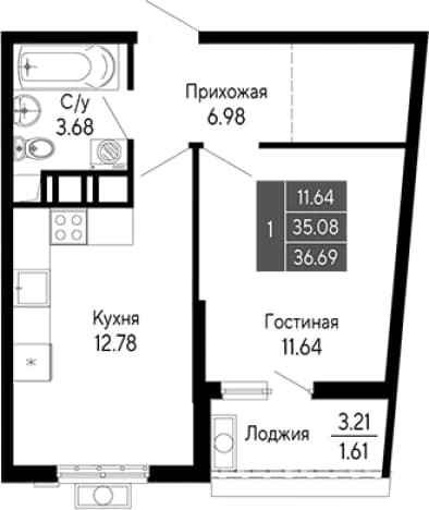 . Вариант № 2112187, 0, площадь - 35.08 квм, цена 9539400 рублей
