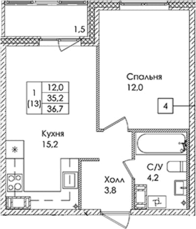 . Вариант № 1822105, 0, площадь - 35.2 квм, цена 5733500 рублей