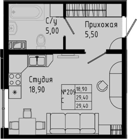 . Вариант № 1891689, 0, площадь - 29.4 квм, цена 4145710 рублей